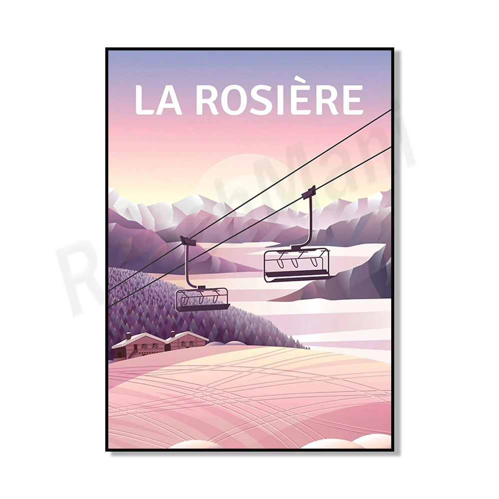 Une scène hivernale avec des montagnes enneigées en arrière-plan, des chalets et un télésiège, sous un ciel coloré au coucher du soleil, représentant le lieu de La Rosière.