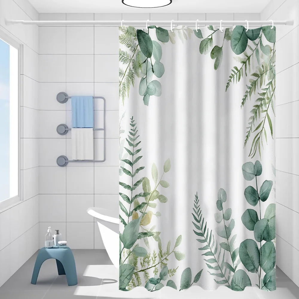 rideau douche moderne feuilles vertes aquarelle polyester blanc opacité naturel machine laver 120x180cm