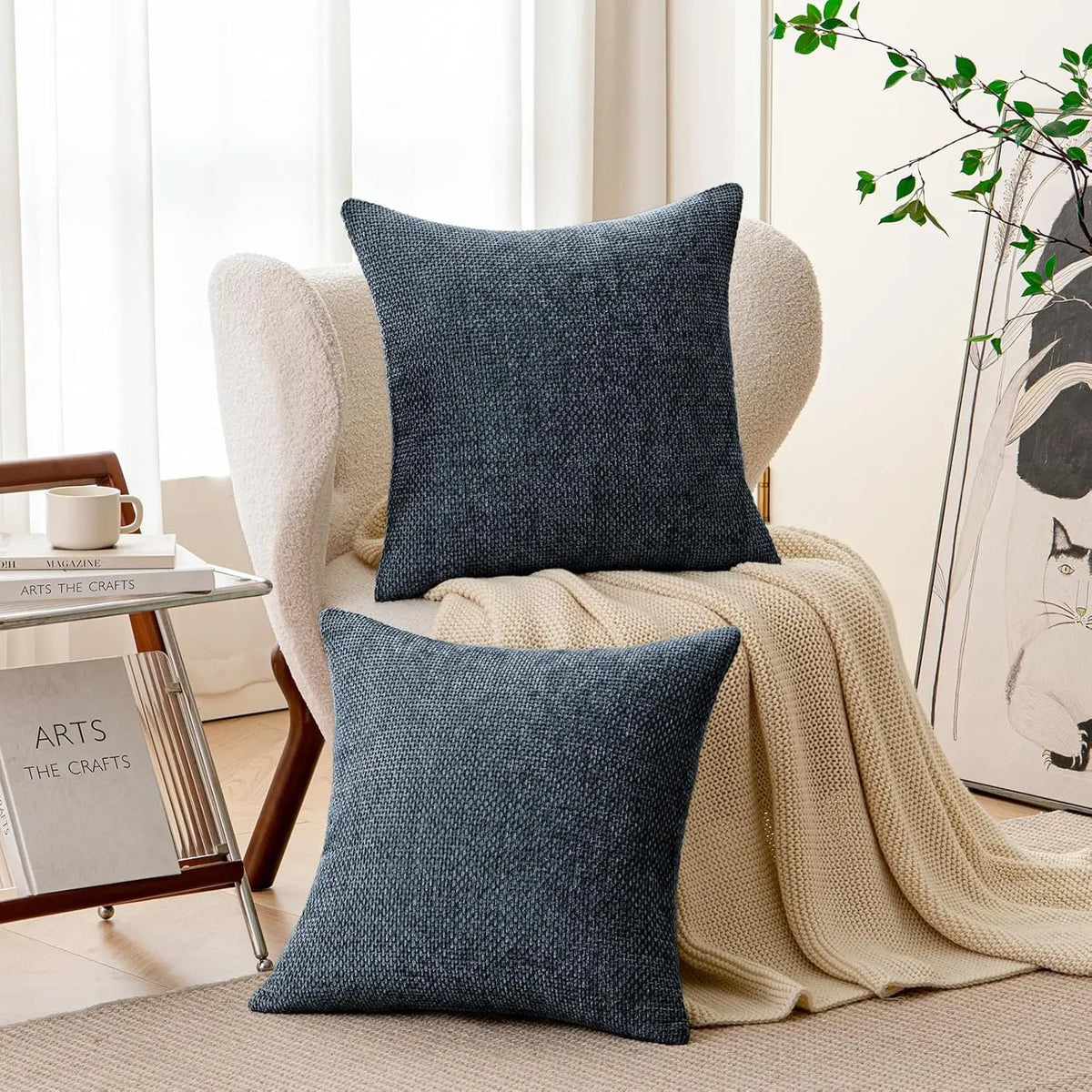 housse coussin carré bleu marine chenille polyester moderne zip blanc