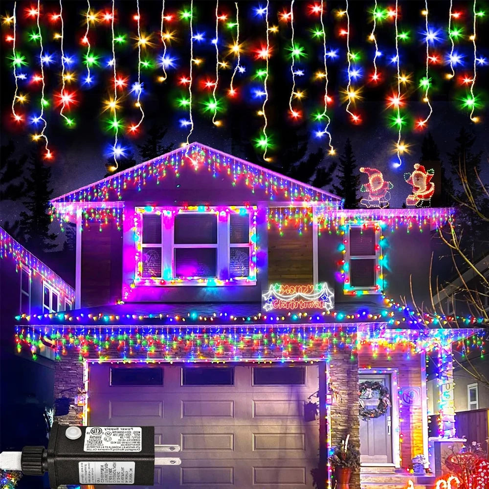 guirlande lumineuse led 20m 480 diodes blanc multicolore motifs gouttes ip44 waterproof modes clips