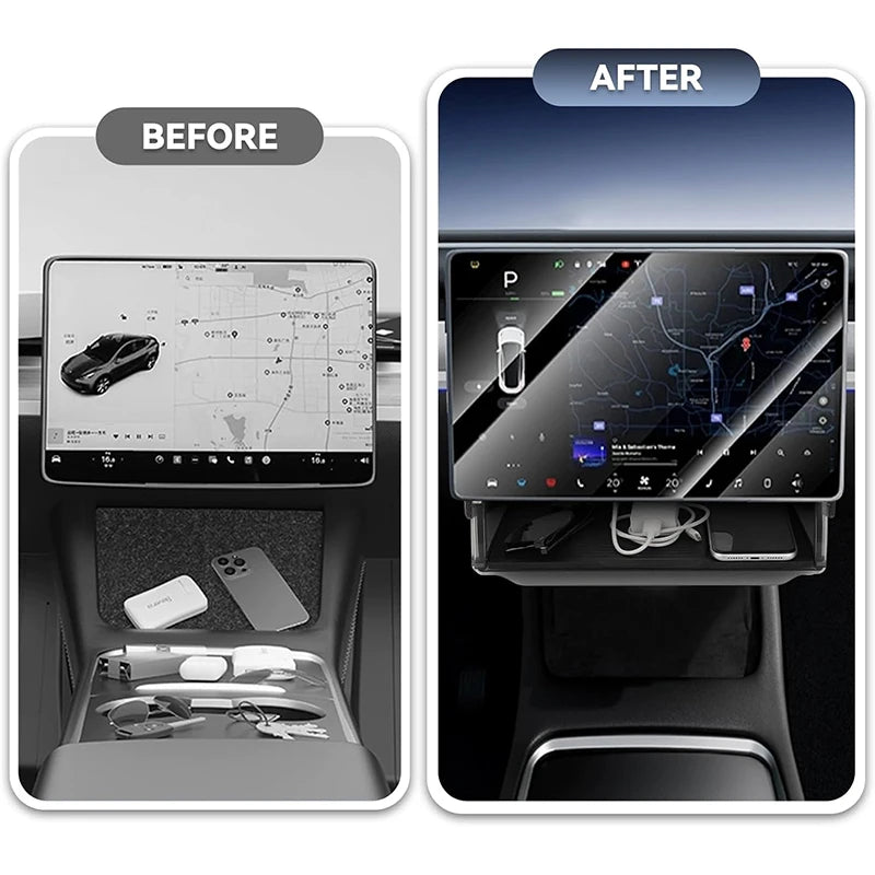boîte rangement sous écran console central tesla gris translucide matériau abs pliable lumière adhésif