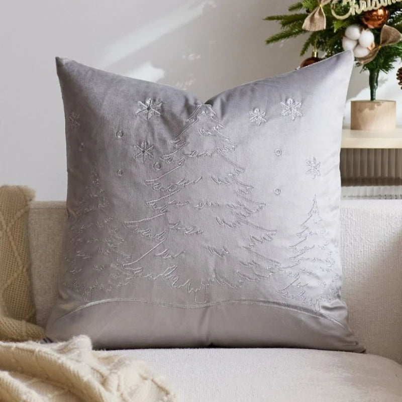 housse coussin brodée arbre noël moderne 45x45cm polyester coton velours rouge vert bleu gris
