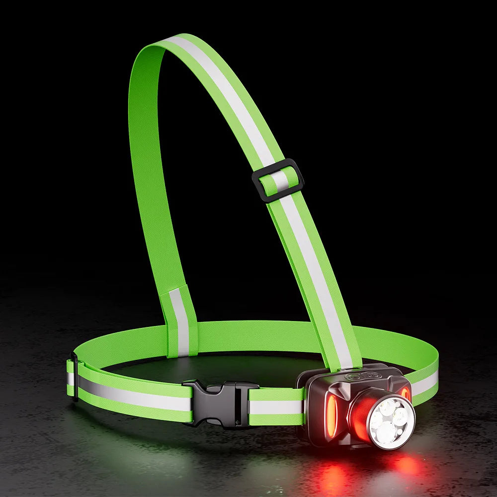 lampe torche frontale rechargeable vert fluo bandes réfléchissantes boucle ajustable modes lumière sportive moderne