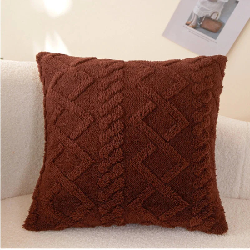 taies oreiller peluche jacquard géométrique couleurs rose beige bleu moderne salon chambre lit