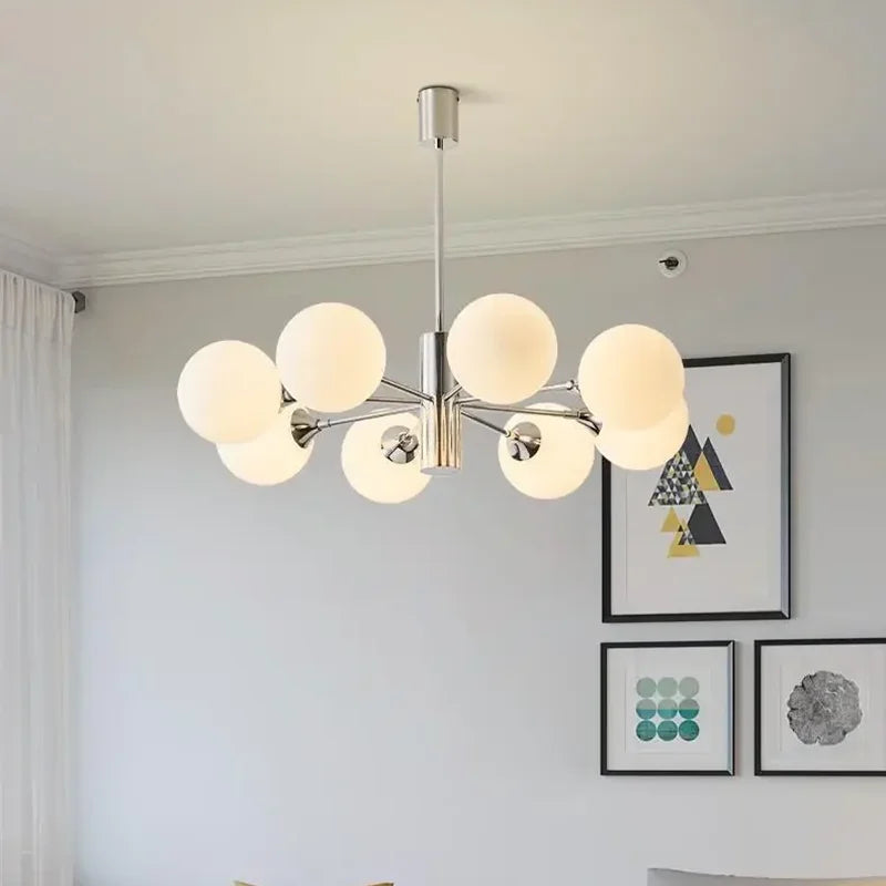 lustre suspension moderne chrome boules verre translucide luminaire salon salle manger blanc