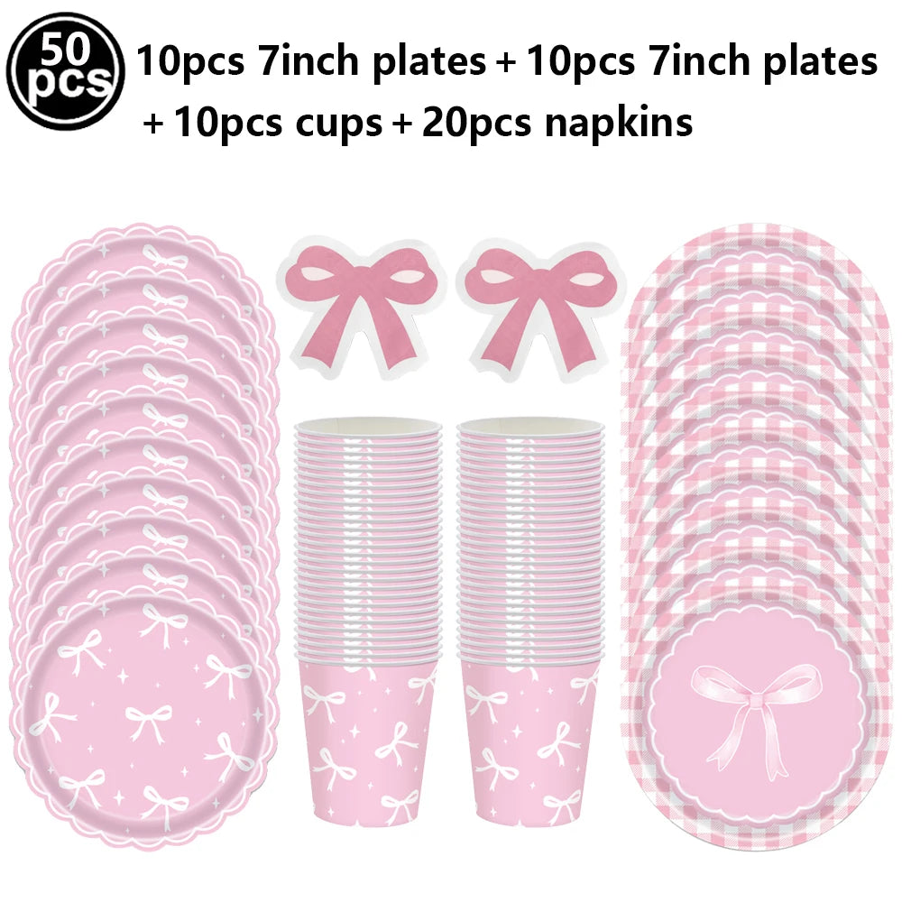 vaisselle jetable rose assiettes gobelets serviettes guirlande happy birthday rubans festif anniversaire decoration festive