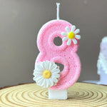 bougies numériques décoratives chiffres fleurs marguerites rose blanche pailletées tringle anniversaire enfantin