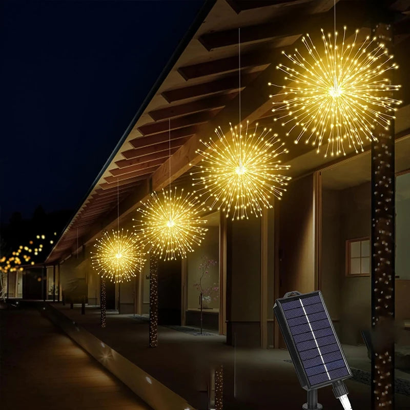 guirlande lumineuse solaire feu d'artifice multicolore jaune or extérieure festive nocturne