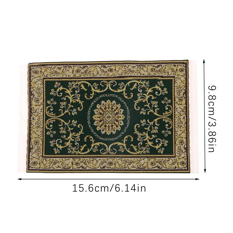 tapis miniature animaux nature ornements floraux motifs géométriques franges classique vert rouge