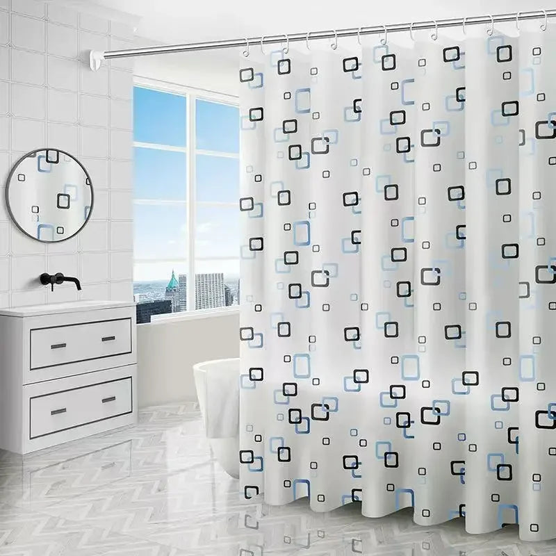 rideau douche moderne motif carré blanc noir bleu clair imperméable éva rapide séchage ourlet