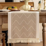 nappe table beige geometrique franges tissage rustique boheme abstrait 180cm 35cm