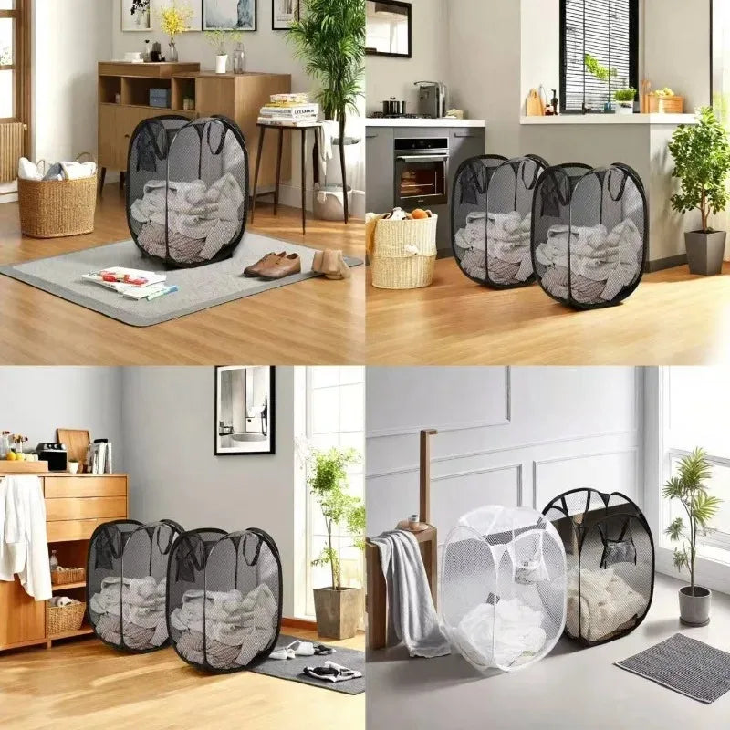 panier linge pliable noir blanc maille polyester réutilisable grande capacité rangement moderne sac intégré