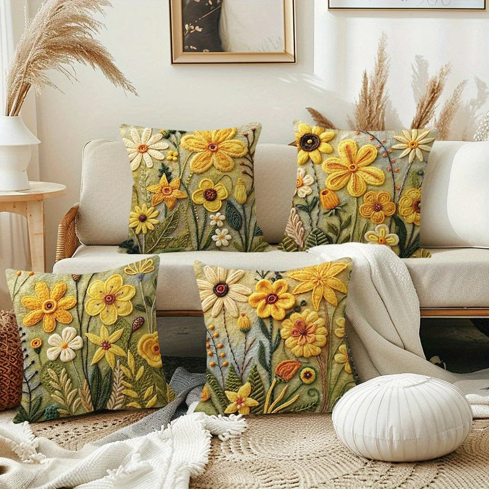 taies d'oreiller polyester fleurs relief artisanal zipper 45x45cm vert jaune blanc