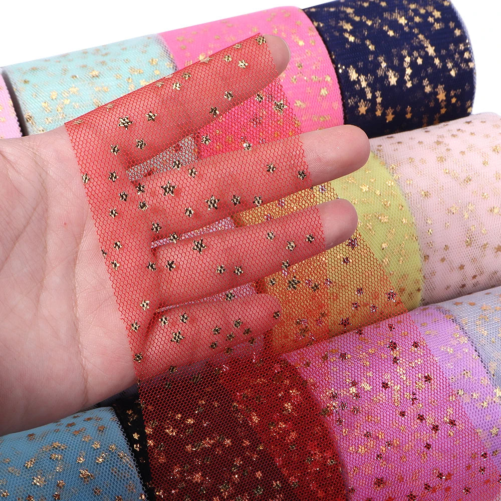 rubans tulle 6cm largeur étoiles dorées bleu rose rouge noir vert translucides