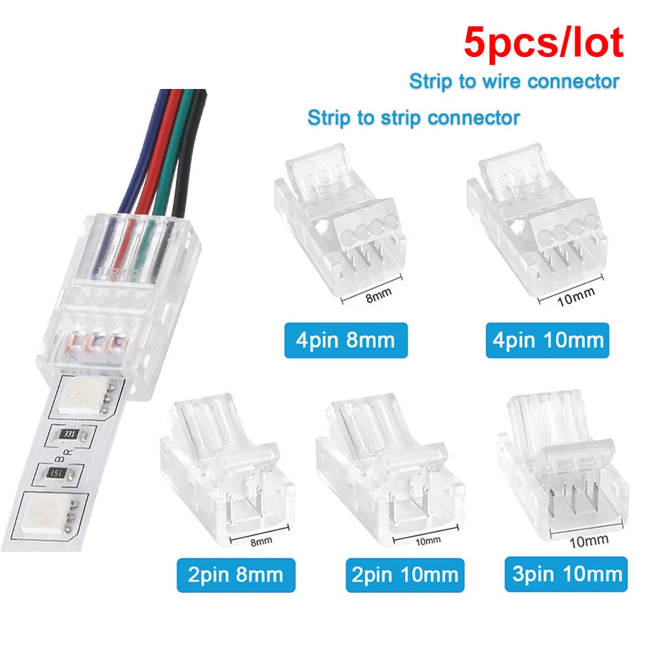 connecteurs led ruban broches 8mm 10mm transparents ws2811 rgb smd 5050