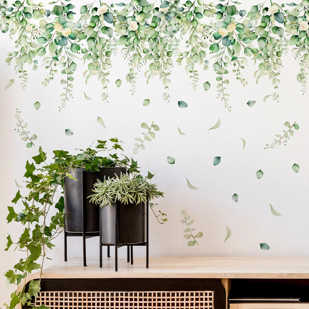 sticker mural adhésif feuilles botanique moderne naturel 71cm 88cm vert aquarelle chambre salon