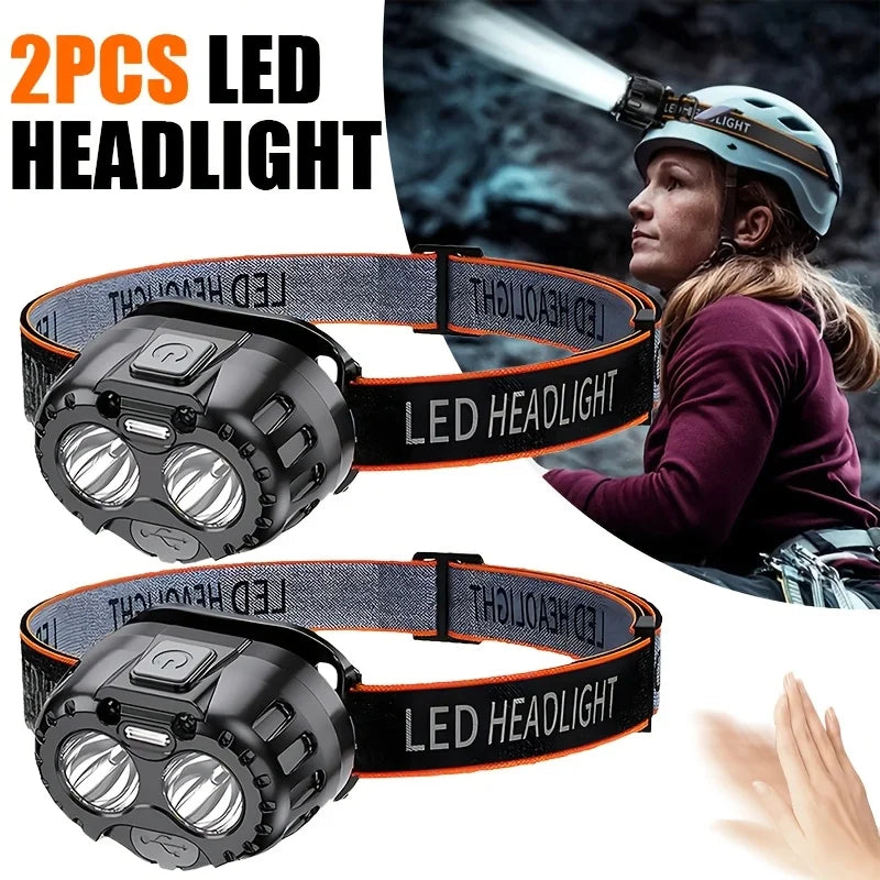 lampe frontale led noire orange ipx4 étanche mode urgence pêche plein air camping randonnée