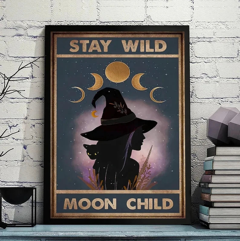 affiche sorcière lune phases chats noirs chambre salon décoration mur vintage mystique clips texte