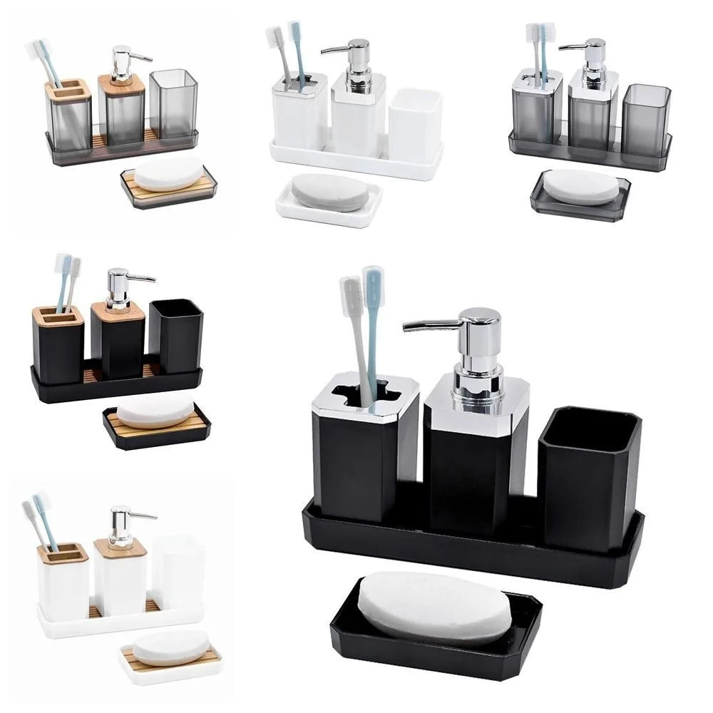ensemble salle bain moderne porte brosse dents porte gobelet distributeur savon plateau bambou noir