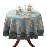 nappe table rectangulaire chenille bleue beige marron motif floral franges classique élégant