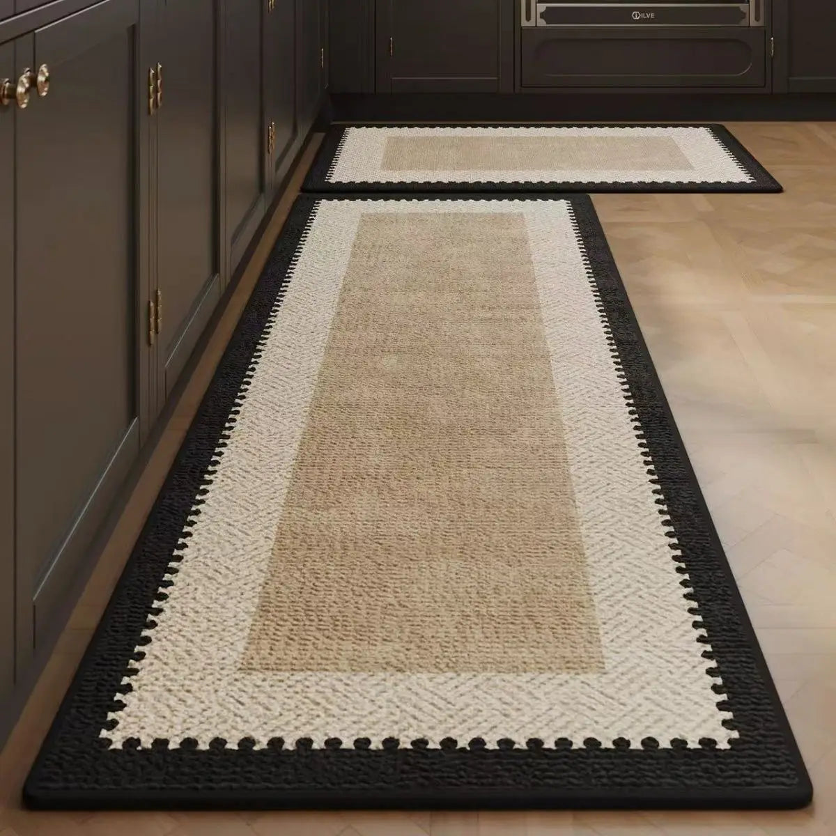 tapis acrylique antidérapant vert beige noir patchwork moderne rustique