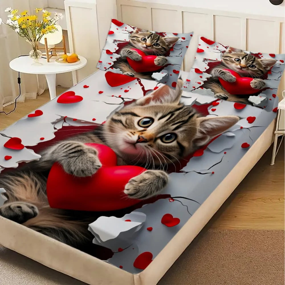drap plat motif chaton cœur rouge moderne gris coton polyester lit chambre