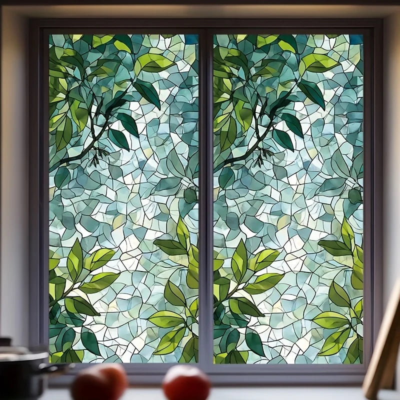 film décoratif adhésif feuilles vertes motif mosaïque semi transparent nature vitrail 100cm 45cm