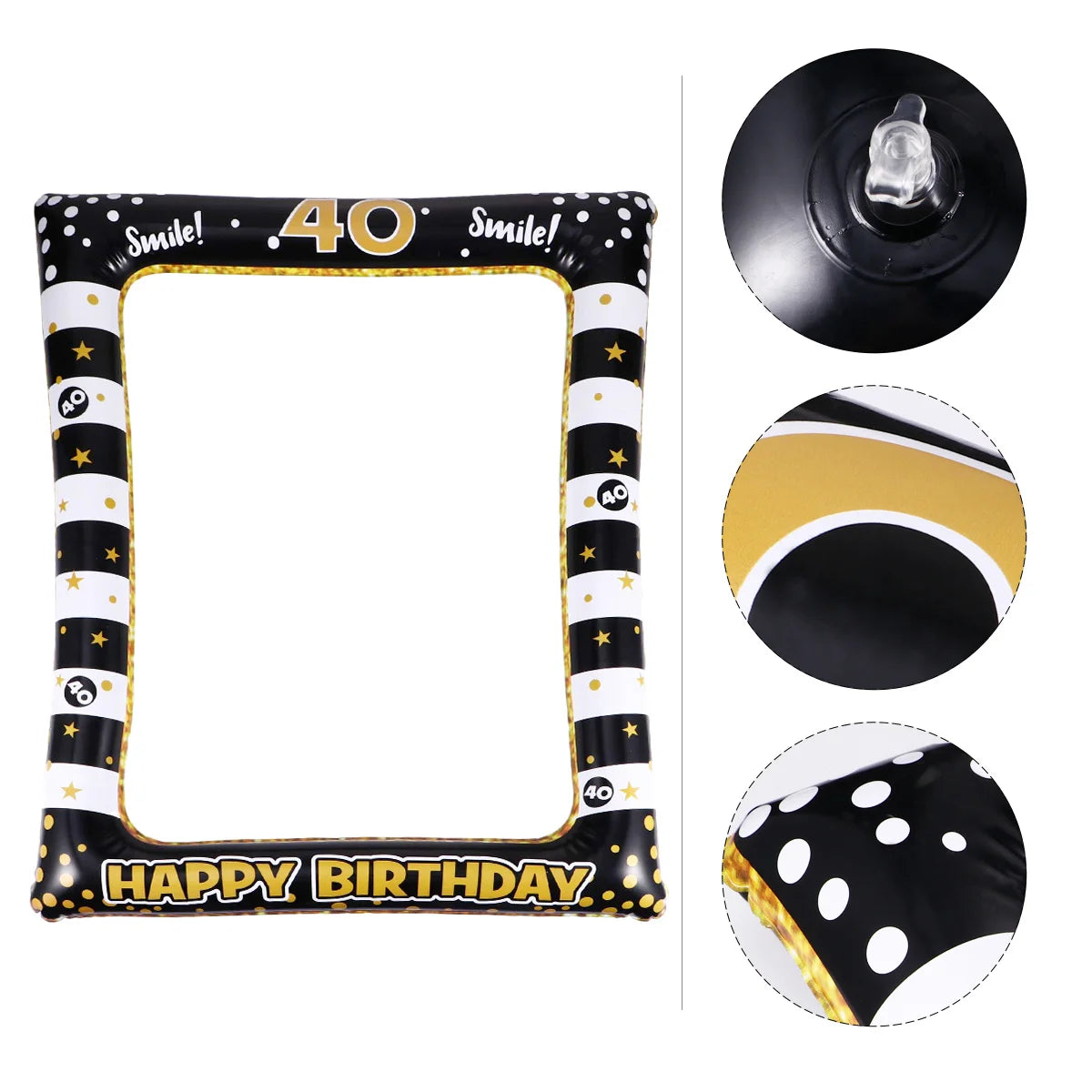 cadre photo gonflable noir blanc doré rayures étoiles happy birthday 40 ans festif suction