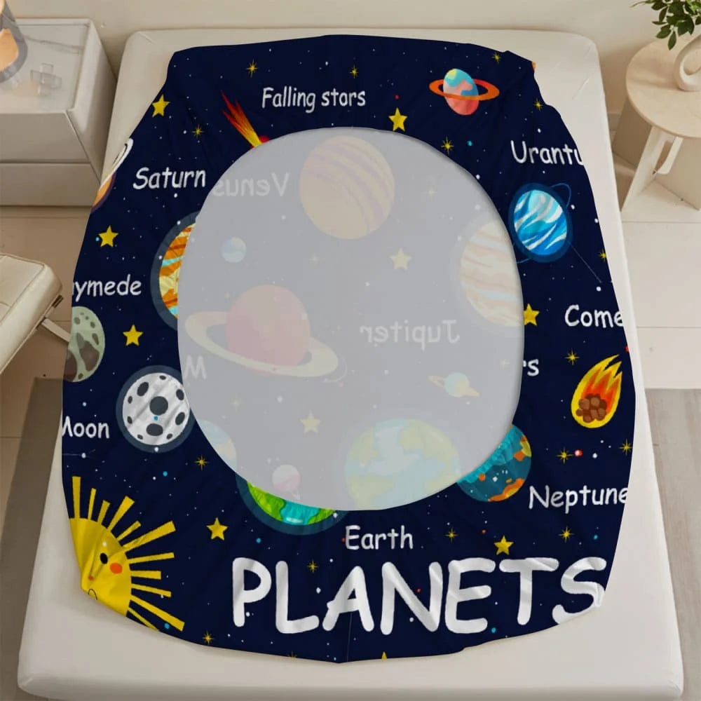 drap plat bleu foncé planètes earth mars coton polyester lit enfant illustratif chambre