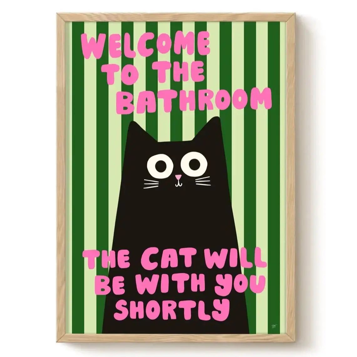 affiche moderne chat noir rayures vertes texte rose salle bain humoristique