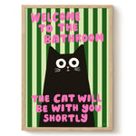 affiche moderne chat noir rayures vertes texte rose salle bain humoristique