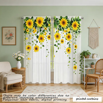rideaux imprimés moderne tournesol blanc jaune vert transparent anneaux métalliques polyester