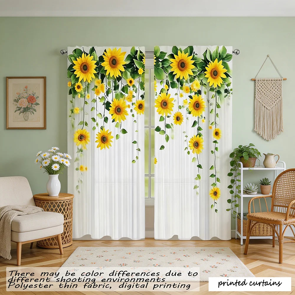rideaux imprimés moderne tournesol blanc jaune vert transparent anneaux métalliques polyester