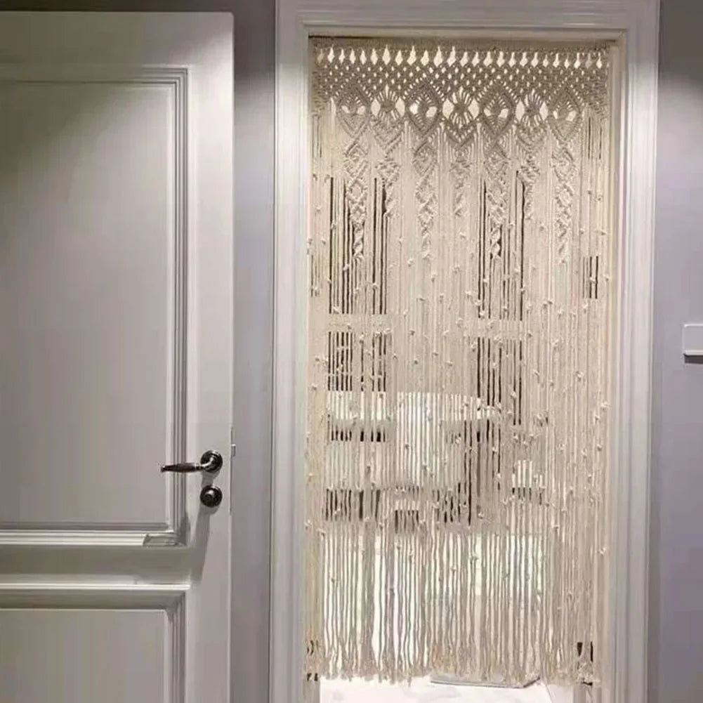 rideau macramé boho chic beige motifs géométriques 100x200cm opacité tissu coton polyester decoration interieur