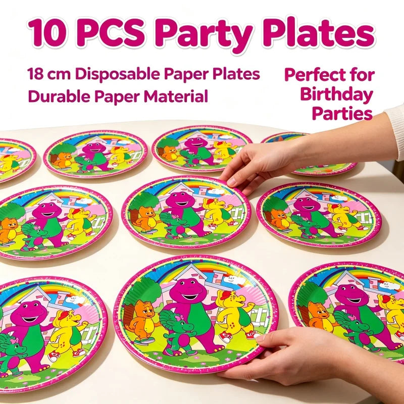assiettes dessin animé barney serviettes gobelets pailles multicolores fete anniversaire enfants