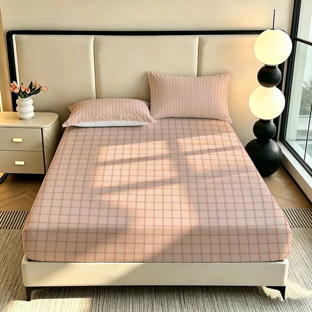 ensemble literie moderne rose poudré carreaux blanc crème fitted sheet pillowcases
