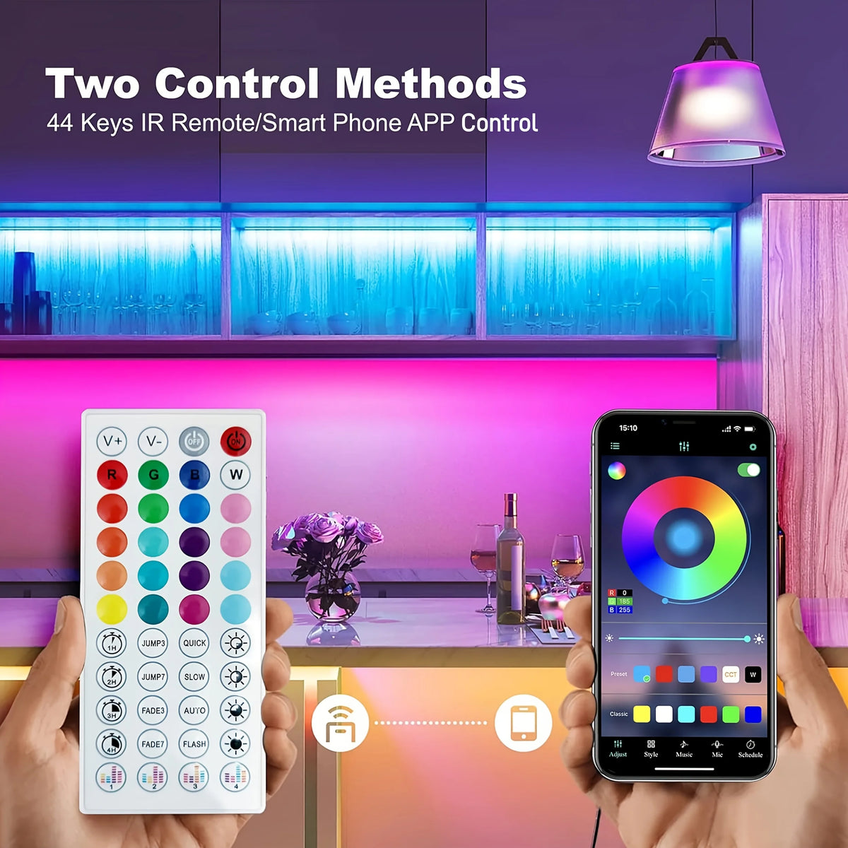 ruban led multicolore moderne synchronisation musique télécommande inclusion adaptateur secteur bluetooth wifi