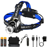 lampe frontale led rechargeable usb noir bleu rayures ajustable ceinture modes luminosité ipx4 water