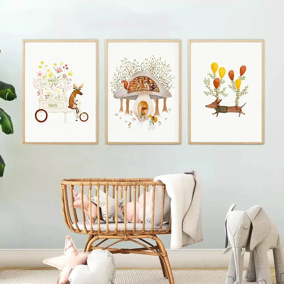 affiche art murale animaux forêt fleurs dessin animé toile cadre bois décoration chambre enfant