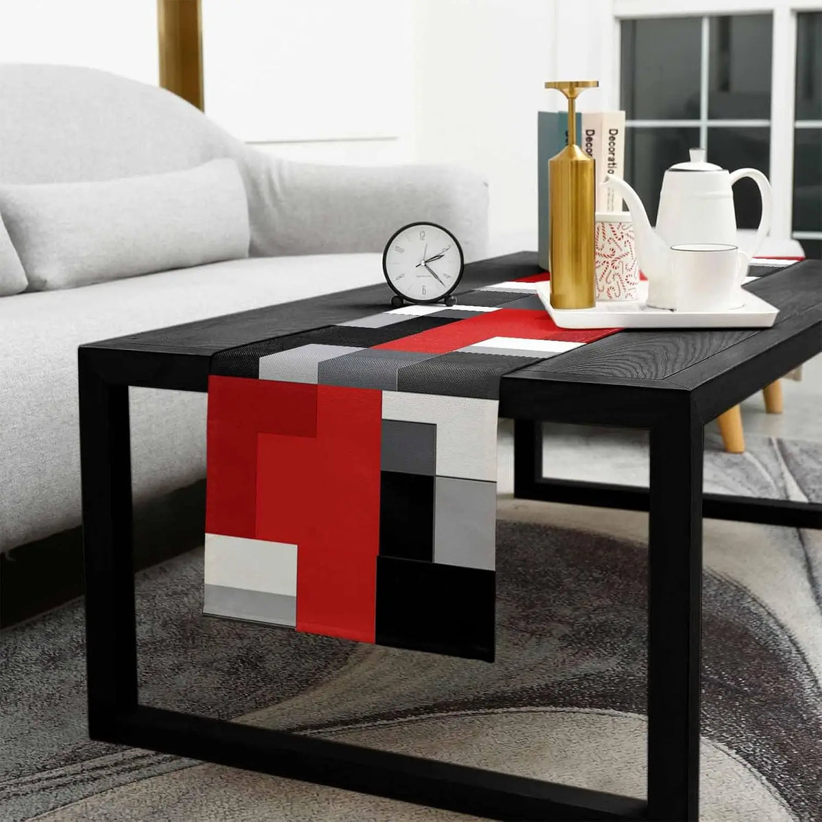 nappe géométrique rouge noir lin moderne table manger cuisine assiettes couverts