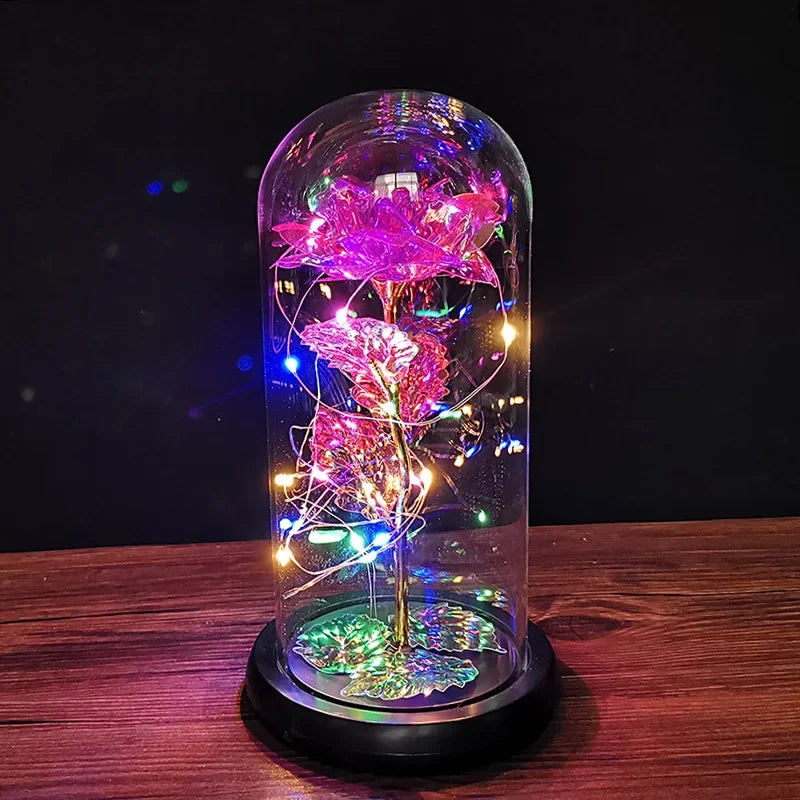 veilleuse led rose artificielle cloche verre éclairage couleur variée base noire