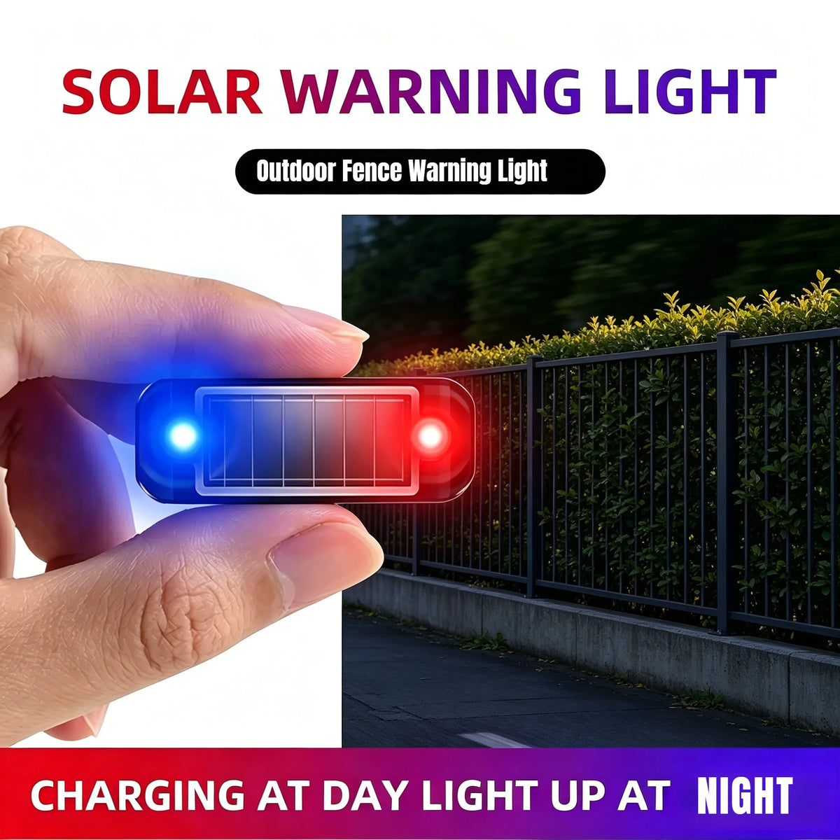 lampe solaire avertissement clôture adhésive diodes rouges bleues sécurité extérieure moderne minimaliste