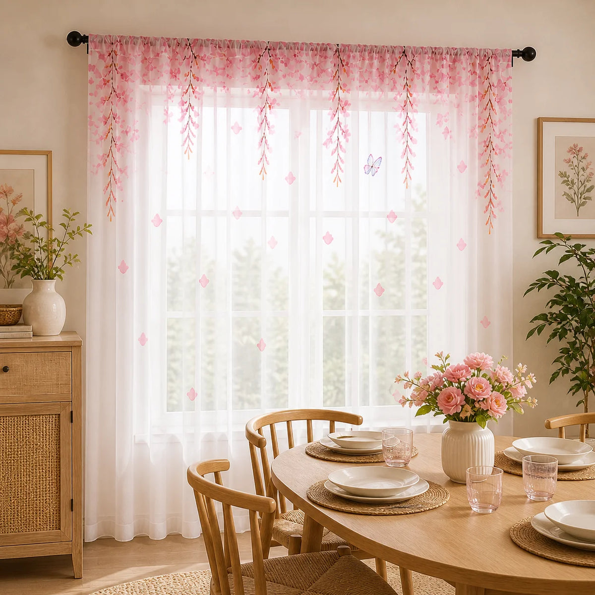 rideau floral transparent rose semi opaque japonais intérieur romantique chambre salonDecorationInteriorRomantiqueJaponaisChambreSalon