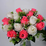 bouquet roses artificielles rouge orange bleu clair rose blanches intérieur décoration romantique classique anniversaire