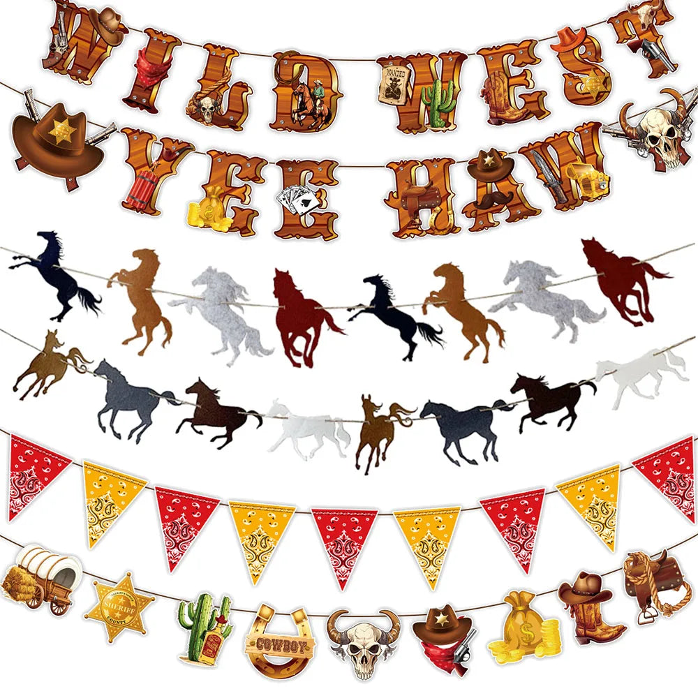 guirlande décorative thème western cowboys chevaux cactus bandanas happy birthday multicolore