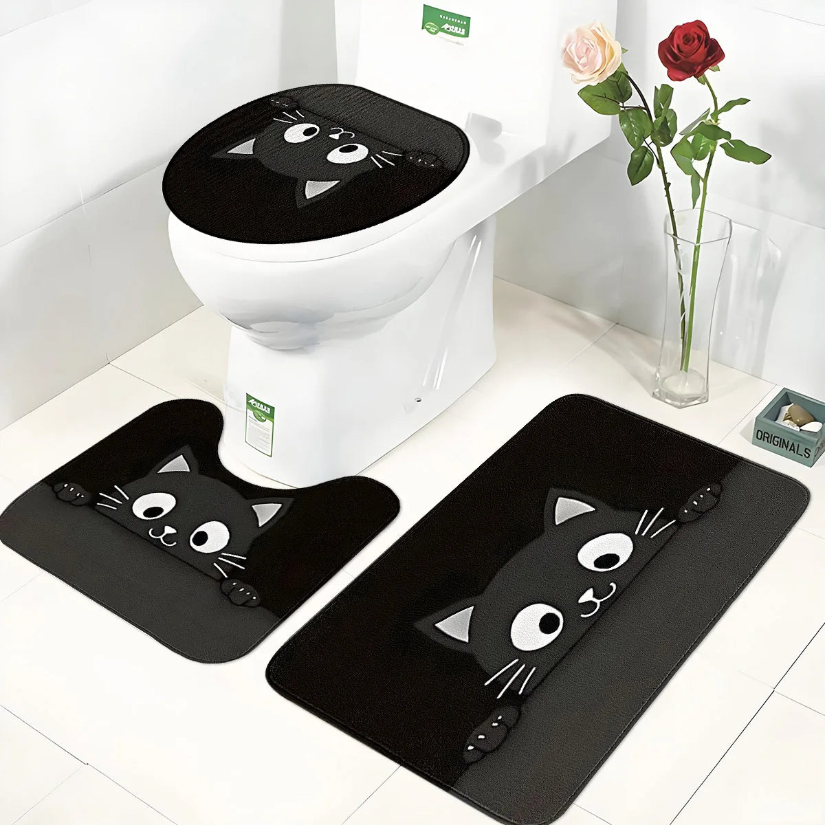 tapis toilette moderne chat blanc pièces adhésif rapide absorbant salle bain