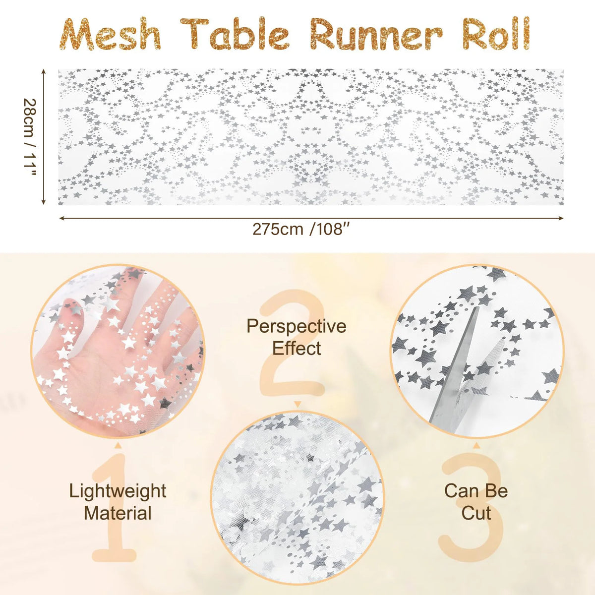 rouleau chemin table étoiles motifs argentés dorés festif translucide polyester maison