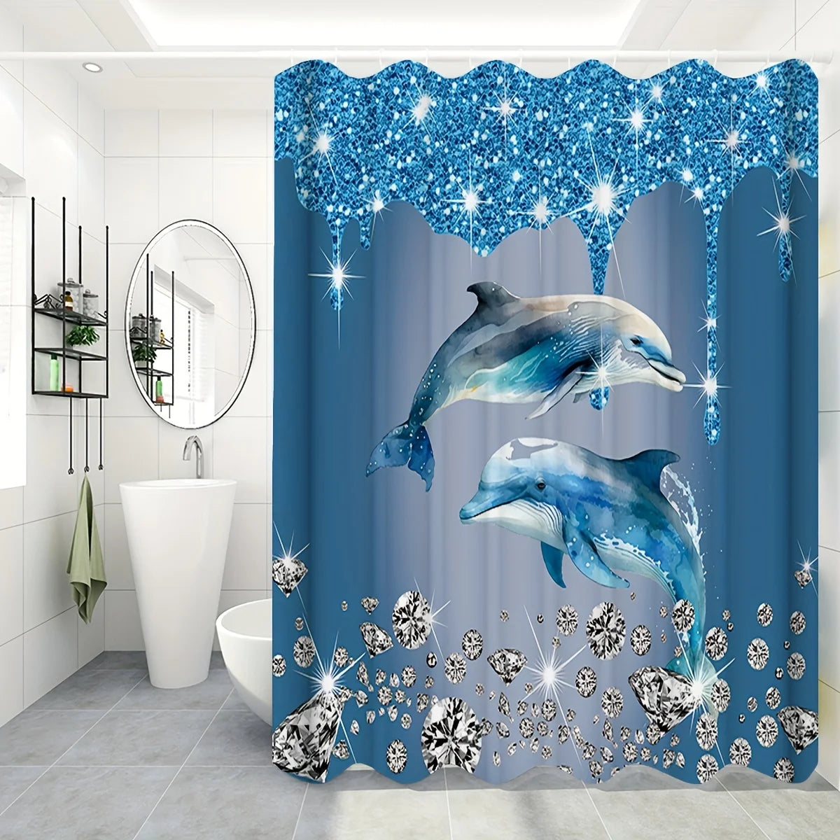rideau douche polyester dauphins diamants océan bleu moderne washable machine wash