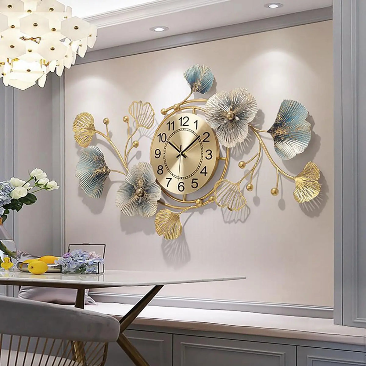 horloge murale moderne or bleu fleurs stylisées silencieuse quartz décoratif fixations murales