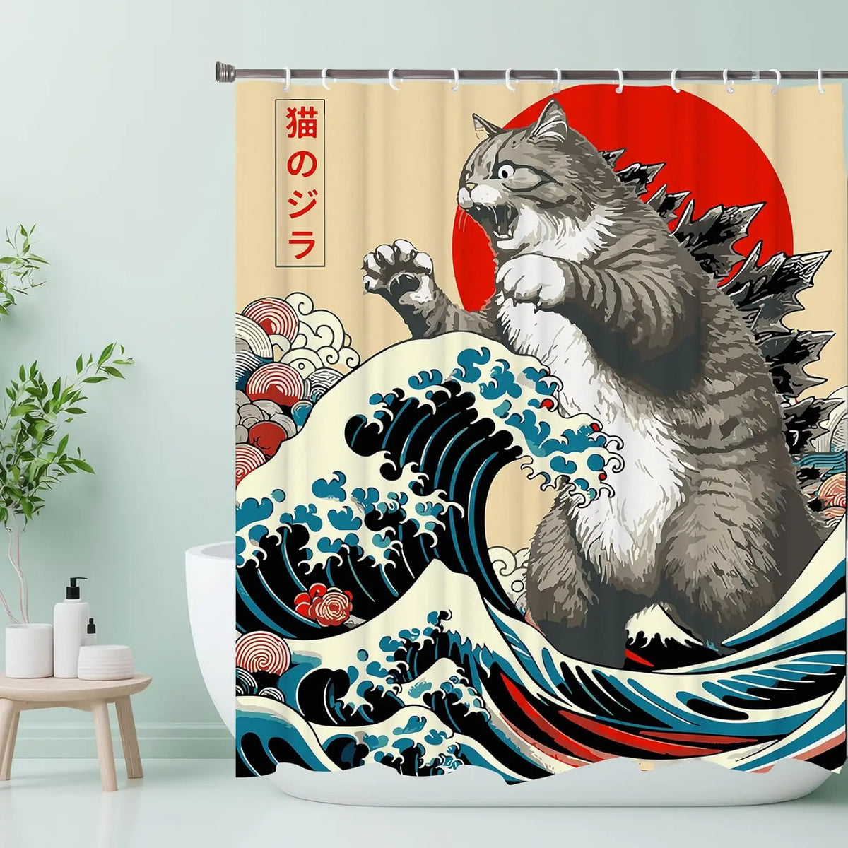 rideau douche chat motif vague coucher soleil art japonais pop anime polyester opaque moderne